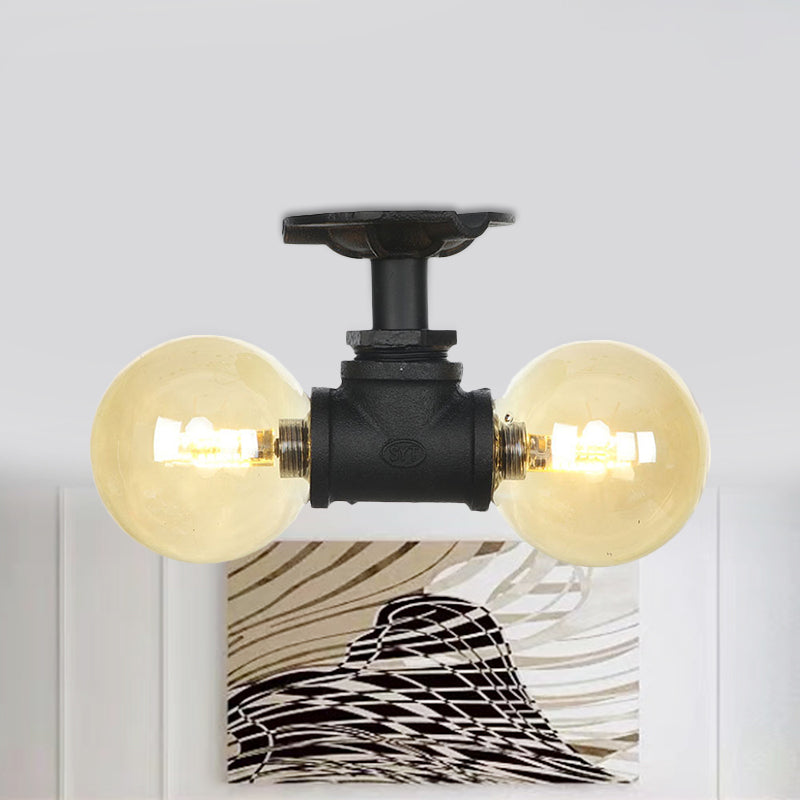 2-Light Amber Glass Semi Flush Antiqued Black Sphere Hallway Flush Mount Ceiling Lamp Fixture Black C Clearhalo 'Ceiling Lights' 'Close To Ceiling Lights' 'Close to ceiling' 'Glass shade' 'Glass' 'Semi-flushmount' Lighting' 756676