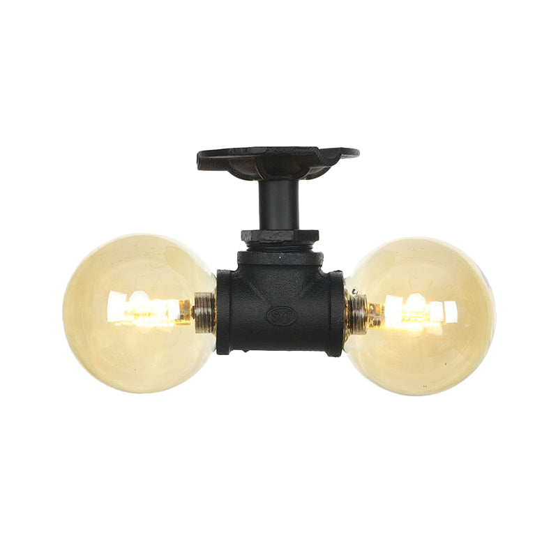 2-Light Amber Glass Semi Flush Antiqued Black Sphere Hallway Flush Mount Ceiling Lamp Fixture Clearhalo 'Ceiling Lights' 'Close To Ceiling Lights' 'Close to ceiling' 'Glass shade' 'Glass' 'Semi-flushmount' Lighting' 756678