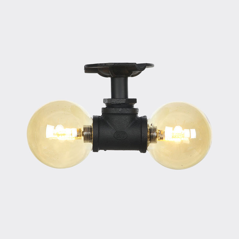 2-Light Amber Glass Semi Flush Antiqued Black Sphere Hallway Flush Mount Ceiling Lamp Fixture Clearhalo 'Ceiling Lights' 'Close To Ceiling Lights' 'Close to ceiling' 'Glass shade' 'Glass' 'Semi-flushmount' Lighting' 756679