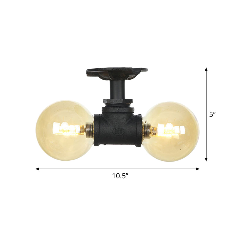 2-Light Amber Glass Semi Flush Antiqued Black Sphere Hallway Flush Mount Ceiling Lamp Fixture Clearhalo 'Ceiling Lights' 'Close To Ceiling Lights' 'Close to ceiling' 'Glass shade' 'Glass' 'Semi-flushmount' Lighting' 756680