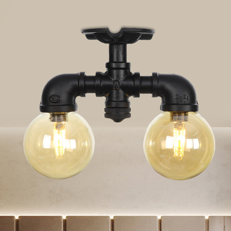 2-Light Amber Glass Semi Flush Antiqued Black Sphere Hallway Flush Mount Ceiling Lamp Fixture Black D Clearhalo 'Ceiling Lights' 'Close To Ceiling Lights' 'Close to ceiling' 'Glass shade' 'Glass' 'Semi-flushmount' Lighting' 756681