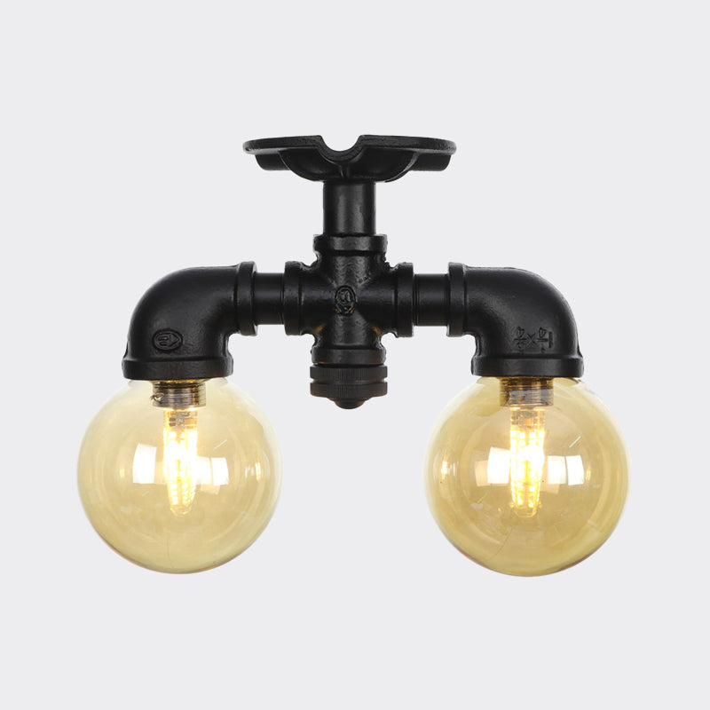 2-Light Amber Glass Semi Flush Antiqued Black Sphere Hallway Flush Mount Ceiling Lamp Fixture Clearhalo 'Ceiling Lights' 'Close To Ceiling Lights' 'Close to ceiling' 'Glass shade' 'Glass' 'Semi-flushmount' Lighting' 756684