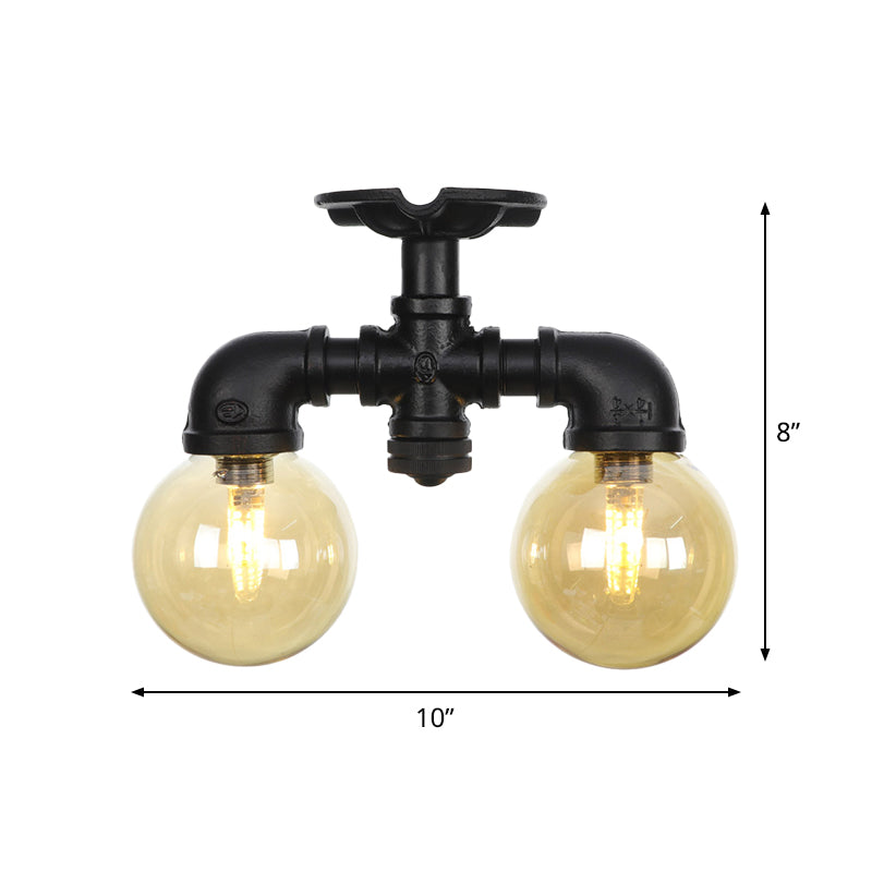 2-Light Amber Glass Semi Flush Antiqued Black Sphere Hallway Flush Mount Ceiling Lamp Fixture Clearhalo 'Ceiling Lights' 'Close To Ceiling Lights' 'Close to ceiling' 'Glass shade' 'Glass' 'Semi-flushmount' Lighting' 756685