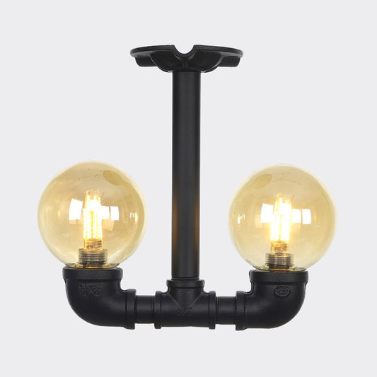 2-Head Semi-Flush Ceiling Fixture Industrial Ball Amber Glass Flush Mount Lighting in Black Clearhalo 'Ceiling Lights' 'Close To Ceiling Lights' 'Close to ceiling' 'Glass shade' 'Glass' 'Semi-flushmount' Lighting' 756688