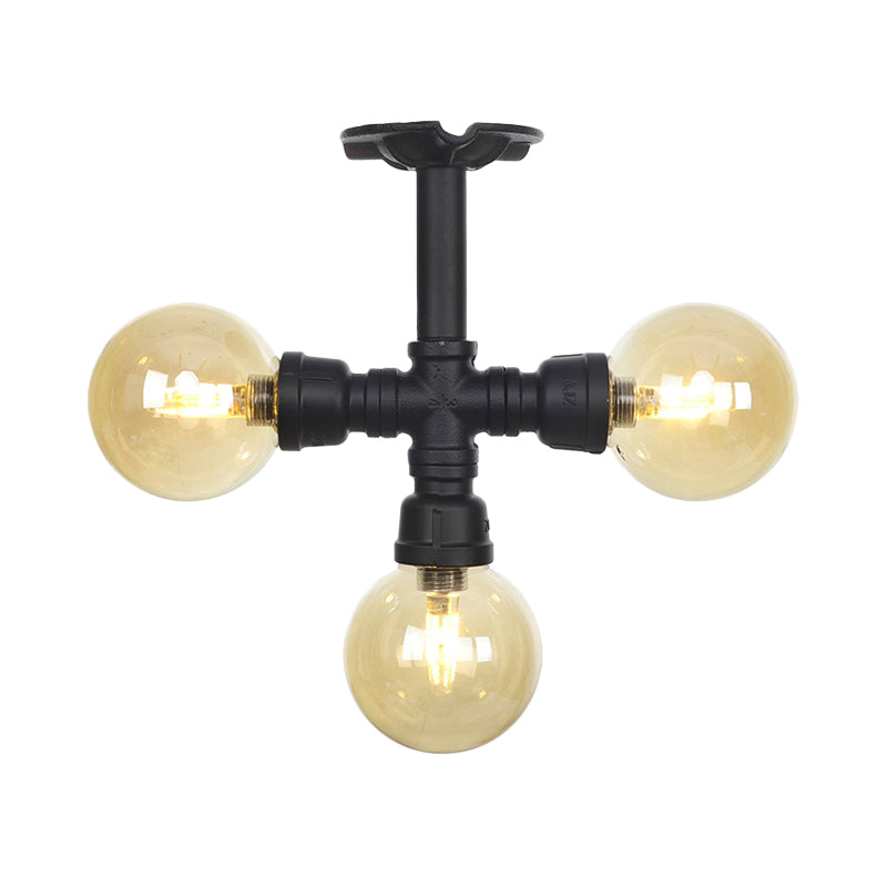 3/4 Bulbs Semi Mount Lighting Vintage Corridor Flush Lamp with Globe Amber Glass Shade in Black Clearhalo 'Ceiling Lights' 'Close To Ceiling Lights' 'Close to ceiling' 'Glass shade' 'Glass' 'Pendant Lights' 'Semi-flushmount' Lighting' 756706