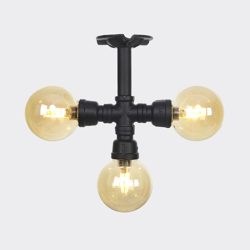 3/4 Bulbs Semi Mount Lighting Vintage Corridor Flush Lamp with Globe Amber Glass Shade in Black Clearhalo 'Ceiling Lights' 'Close To Ceiling Lights' 'Close to ceiling' 'Glass shade' 'Glass' 'Pendant Lights' 'Semi-flushmount' Lighting' 756707