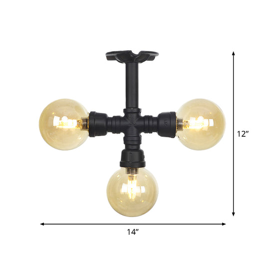 3/4 Bulbs Semi Mount Lighting Vintage Corridor Flush Lamp with Globe Amber Glass Shade in Black Clearhalo 'Ceiling Lights' 'Close To Ceiling Lights' 'Close to ceiling' 'Glass shade' 'Glass' 'Pendant Lights' 'Semi-flushmount' Lighting' 756708