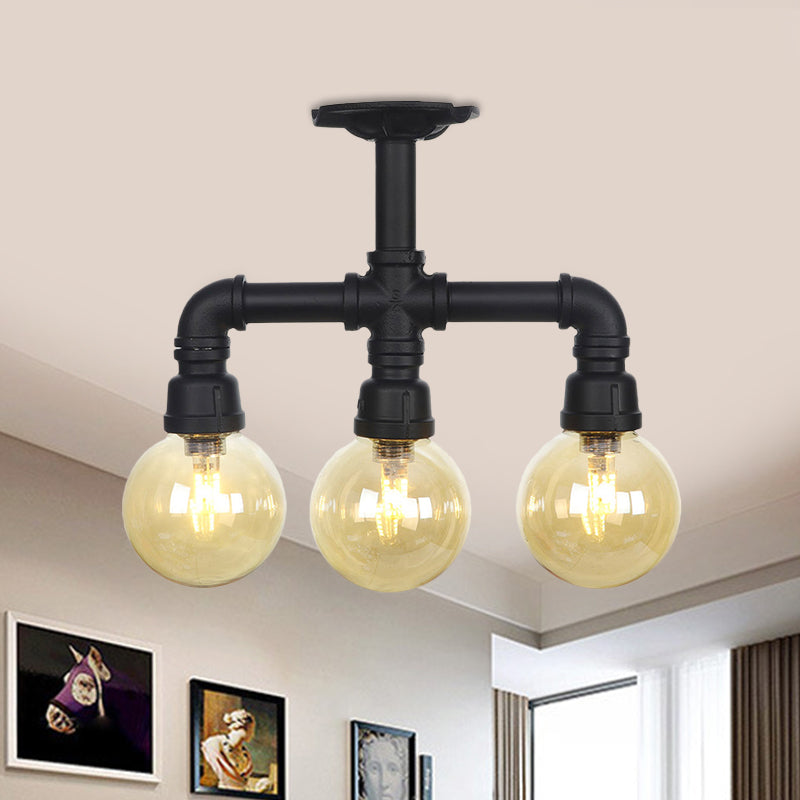 3/4 Bulbs Semi Mount Lighting Vintage Corridor Flush Lamp with Globe Amber Glass Shade in Black Clearhalo 'Ceiling Lights' 'Close To Ceiling Lights' 'Close to ceiling' 'Glass shade' 'Glass' 'Pendant Lights' 'Semi-flushmount' Lighting' 756710