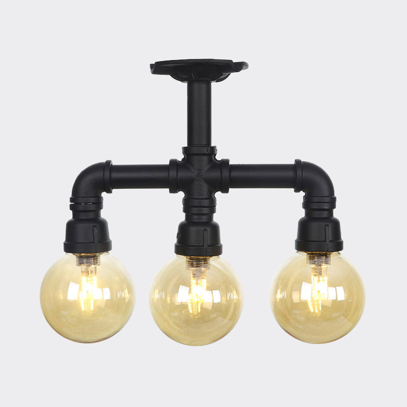 3/4 Bulbs Semi Mount Lighting Vintage Corridor Flush Lamp with Globe Amber Glass Shade in Black Clearhalo 'Ceiling Lights' 'Close To Ceiling Lights' 'Close to ceiling' 'Glass shade' 'Glass' 'Pendant Lights' 'Semi-flushmount' Lighting' 756712