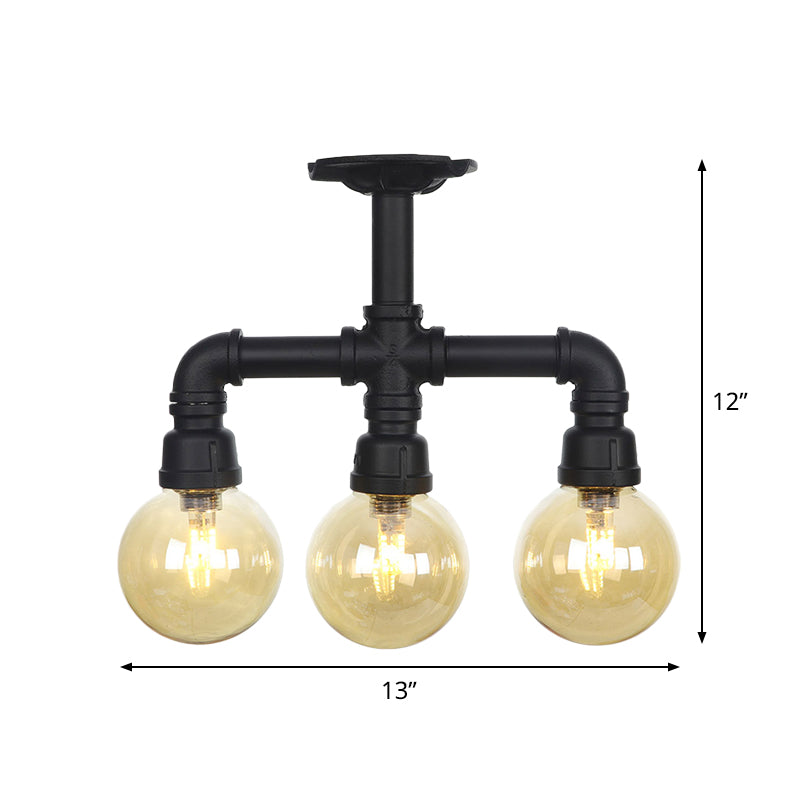 3/4 Bulbs Semi Mount Lighting Vintage Corridor Flush Lamp with Globe Amber Glass Shade in Black Clearhalo 'Ceiling Lights' 'Close To Ceiling Lights' 'Close to ceiling' 'Glass shade' 'Glass' 'Pendant Lights' 'Semi-flushmount' Lighting' 756713