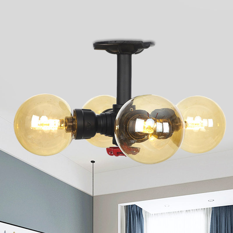 3/4 Bulbs Semi Mount Lighting Vintage Corridor Flush Lamp with Globe Amber Glass Shade in Black Black D Clearhalo 'Ceiling Lights' 'Close To Ceiling Lights' 'Close to ceiling' 'Glass shade' 'Glass' 'Pendant Lights' 'Semi-flushmount' Lighting' 756719