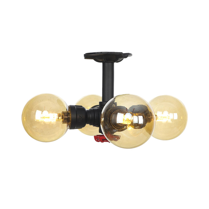 3/4 Bulbs Semi Mount Lighting Vintage Corridor Flush Lamp with Globe Amber Glass Shade in Black Clearhalo 'Ceiling Lights' 'Close To Ceiling Lights' 'Close to ceiling' 'Glass shade' 'Glass' 'Pendant Lights' 'Semi-flushmount' Lighting' 756721