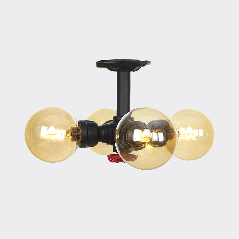 3/4 Bulbs Semi Mount Lighting Vintage Corridor Flush Lamp with Globe Amber Glass Shade in Black Clearhalo 'Ceiling Lights' 'Close To Ceiling Lights' 'Close to ceiling' 'Glass shade' 'Glass' 'Pendant Lights' 'Semi-flushmount' Lighting' 756722