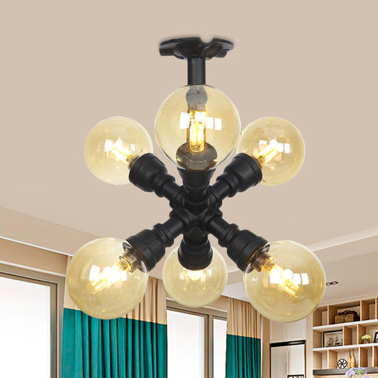 Black Ball Semi-Flush Ceiling Light Industrial Amber Glass 4/5/6-Light Foyer LED Flushmount Black D Clearhalo 'Ceiling Lights' 'Close To Ceiling Lights' 'Close to ceiling' 'Glass shade' 'Glass' 'Semi-flushmount' Lighting' 756738