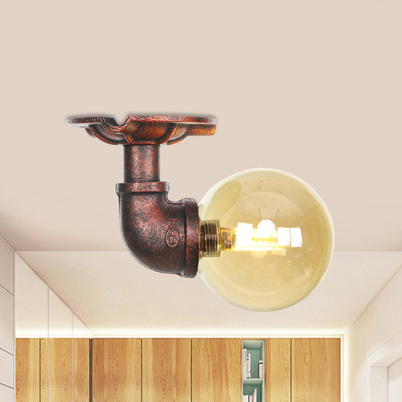 Antiqued Global Semi Flush Lighting 1 Bulb Amber Glass LED Close to Ceiling Lamp in Copper Copper A Clearhalo 'Ceiling Lights' 'Close To Ceiling Lights' 'Close to ceiling' 'Glass shade' 'Glass' 'Semi-flushmount' Lighting' 756743
