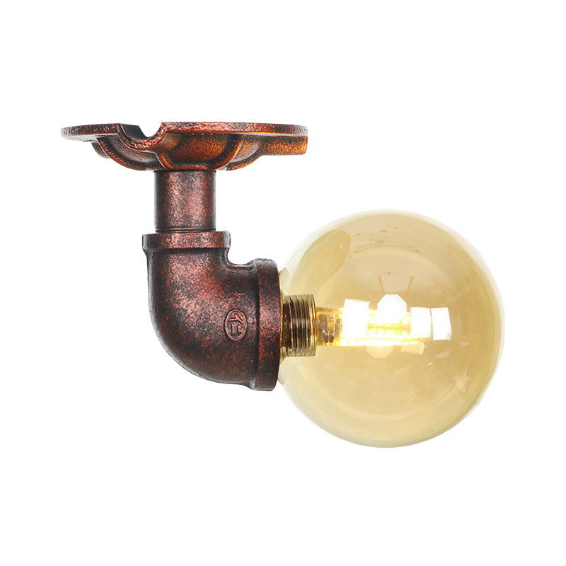Antiqued Global Semi Flush Lighting 1 Bulb Amber Glass LED Close to Ceiling Lamp in Copper Clearhalo 'Ceiling Lights' 'Close To Ceiling Lights' 'Close to ceiling' 'Glass shade' 'Glass' 'Semi-flushmount' Lighting' 756744
