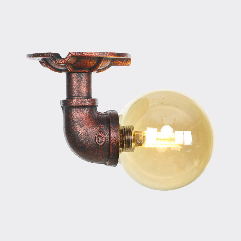 Antiqued Global Semi Flush Lighting 1 Bulb Amber Glass LED Close to Ceiling Lamp in Copper Clearhalo 'Ceiling Lights' 'Close To Ceiling Lights' 'Close to ceiling' 'Glass shade' 'Glass' 'Semi-flushmount' Lighting' 756745