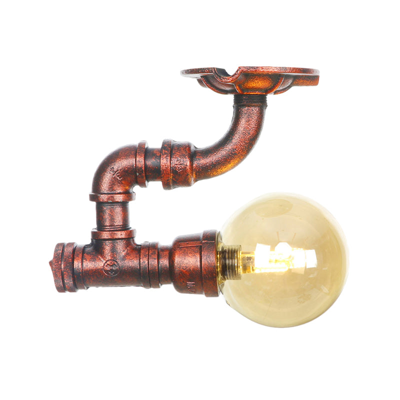 Antiqued Global Semi Flush Lighting 1 Bulb Amber Glass LED Close to Ceiling Lamp in Copper Clearhalo 'Ceiling Lights' 'Close To Ceiling Lights' 'Close to ceiling' 'Glass shade' 'Glass' 'Semi-flushmount' Lighting' 756749