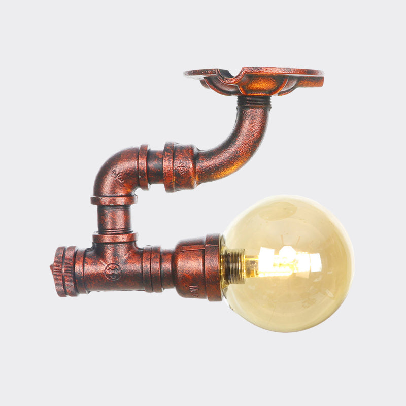 Antiqued Global Semi Flush Lighting 1 Bulb Amber Glass LED Close to Ceiling Lamp in Copper Clearhalo 'Ceiling Lights' 'Close To Ceiling Lights' 'Close to ceiling' 'Glass shade' 'Glass' 'Semi-flushmount' Lighting' 756750