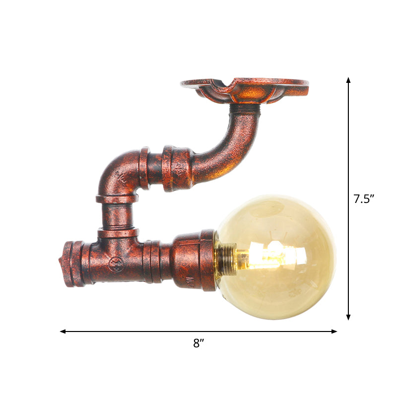 Antiqued Global Semi Flush Lighting 1 Bulb Amber Glass LED Close to Ceiling Lamp in Copper Clearhalo 'Ceiling Lights' 'Close To Ceiling Lights' 'Close to ceiling' 'Glass shade' 'Glass' 'Semi-flushmount' Lighting' 756751