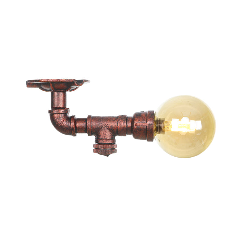 Antiqued Global Semi Flush Lighting 1 Bulb Amber Glass LED Close to Ceiling Lamp in Copper Clearhalo 'Ceiling Lights' 'Close To Ceiling Lights' 'Close to ceiling' 'Glass shade' 'Glass' 'Semi-flushmount' Lighting' 756754