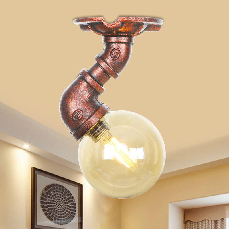 Antiqued Global Semi Flush Lighting 1 Bulb Amber Glass LED Close to Ceiling Lamp in Copper Copper D Clearhalo 'Ceiling Lights' 'Close To Ceiling Lights' 'Close to ceiling' 'Glass shade' 'Glass' 'Semi-flushmount' Lighting' 756757