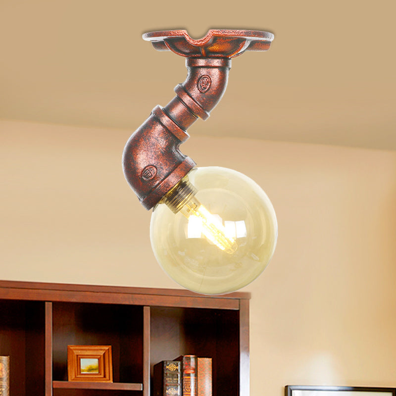 Antiqued Global Semi Flush Lighting 1 Bulb Amber Glass LED Close to Ceiling Lamp in Copper Clearhalo 'Ceiling Lights' 'Close To Ceiling Lights' 'Close to ceiling' 'Glass shade' 'Glass' 'Semi-flushmount' Lighting' 756758