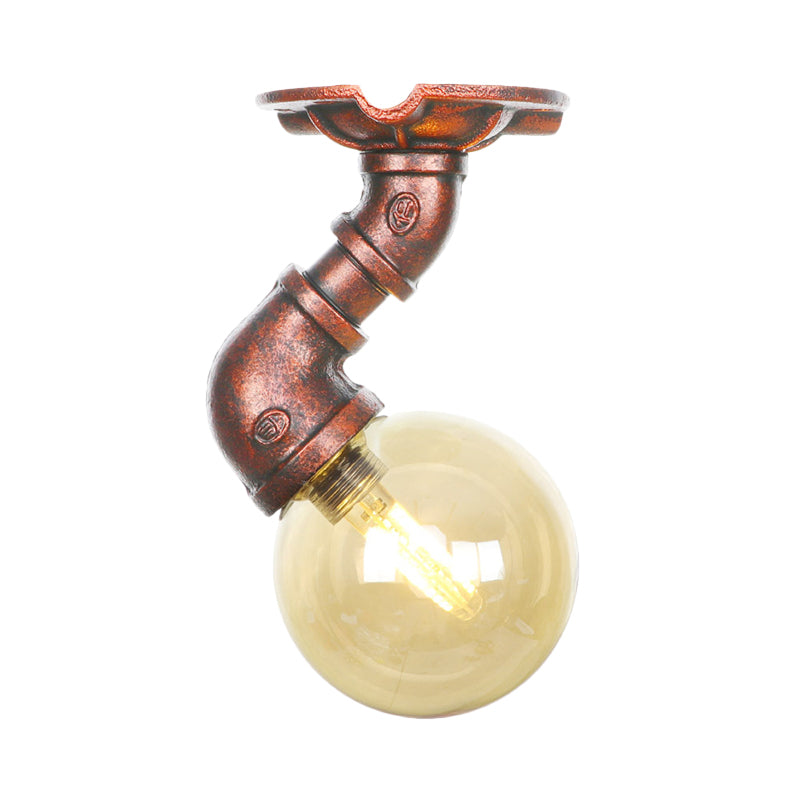Antiqued Global Semi Flush Lighting 1 Bulb Amber Glass LED Close to Ceiling Lamp in Copper Clearhalo 'Ceiling Lights' 'Close To Ceiling Lights' 'Close to ceiling' 'Glass shade' 'Glass' 'Semi-flushmount' Lighting' 756759