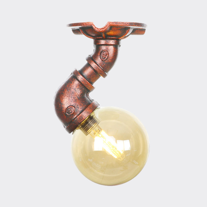 Antiqued Global Semi Flush Lighting 1 Bulb Amber Glass LED Close to Ceiling Lamp in Copper Clearhalo 'Ceiling Lights' 'Close To Ceiling Lights' 'Close to ceiling' 'Glass shade' 'Glass' 'Semi-flushmount' Lighting' 756760