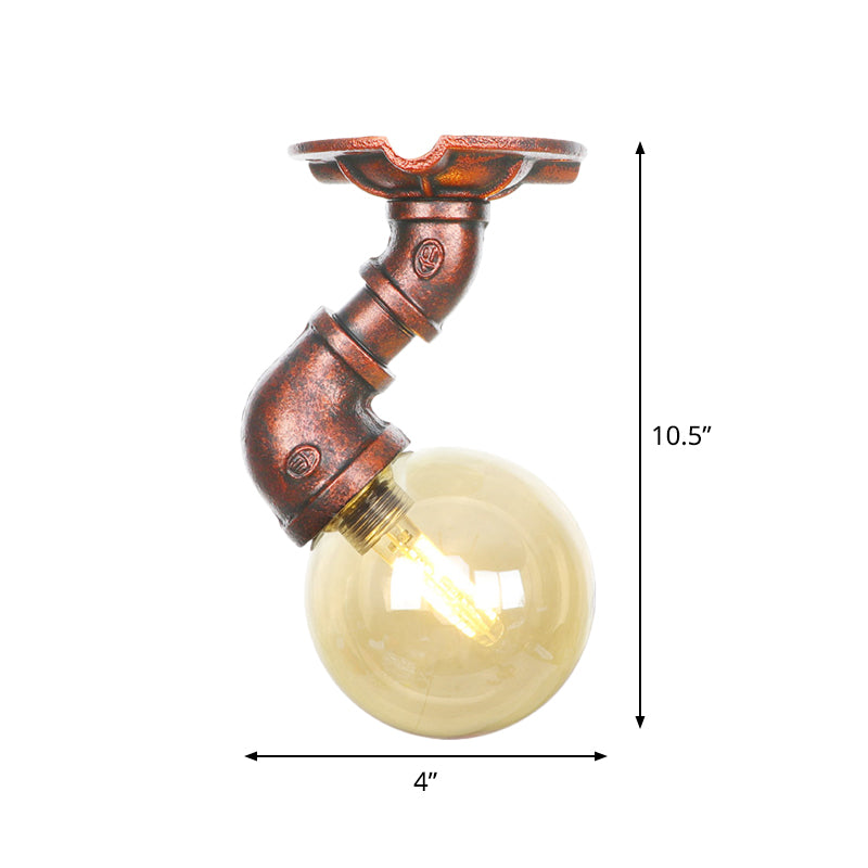 Antiqued Global Semi Flush Lighting 1 Bulb Amber Glass LED Close to Ceiling Lamp in Copper Clearhalo 'Ceiling Lights' 'Close To Ceiling Lights' 'Close to ceiling' 'Glass shade' 'Glass' 'Semi-flushmount' Lighting' 756761