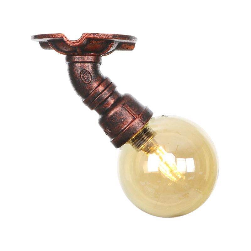 Copper Finish 1 Light Semi Flush Mount Vintage Amber Glass Orb Flush Ceiling Lamp Fixture Clearhalo 'Ceiling Lights' 'Close To Ceiling Lights' 'Close to ceiling' 'Glass shade' 'Glass' 'Semi-flushmount' Lighting' 756763