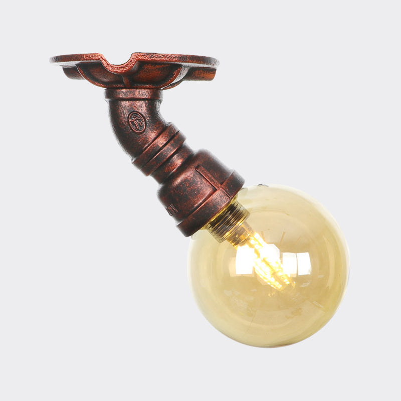 Copper Finish 1 Light Semi Flush Mount Vintage Amber Glass Orb Flush Ceiling Lamp Fixture Clearhalo 'Ceiling Lights' 'Close To Ceiling Lights' 'Close to ceiling' 'Glass shade' 'Glass' 'Semi-flushmount' Lighting' 756764