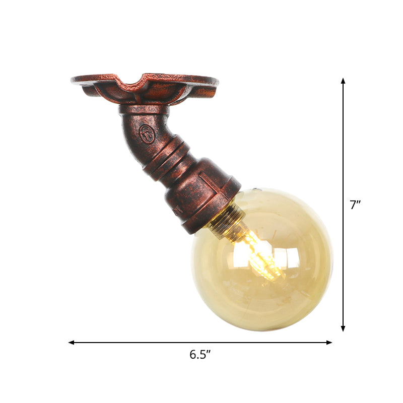 Copper Finish 1 Light Semi Flush Mount Vintage Amber Glass Orb Flush Ceiling Lamp Fixture Clearhalo 'Ceiling Lights' 'Close To Ceiling Lights' 'Close to ceiling' 'Glass shade' 'Glass' 'Semi-flushmount' Lighting' 756765