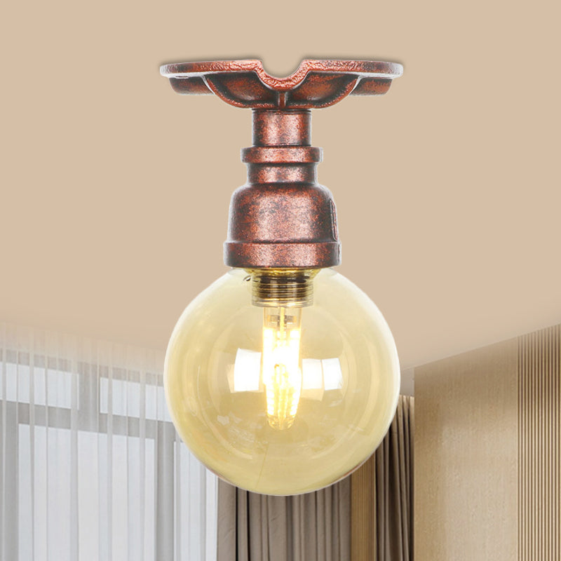 Copper Finish 1 Light Semi Flush Mount Vintage Amber Glass Orb Flush Ceiling Lamp Fixture Copper B Clearhalo 'Ceiling Lights' 'Close To Ceiling Lights' 'Close to ceiling' 'Glass shade' 'Glass' 'Semi-flushmount' Lighting' 756766