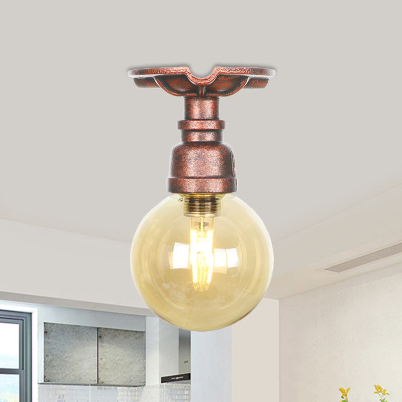 Copper Finish 1 Light Semi Flush Mount Vintage Amber Glass Orb Flush Ceiling Lamp Fixture Clearhalo 'Ceiling Lights' 'Close To Ceiling Lights' 'Close to ceiling' 'Glass shade' 'Glass' 'Semi-flushmount' Lighting' 756767