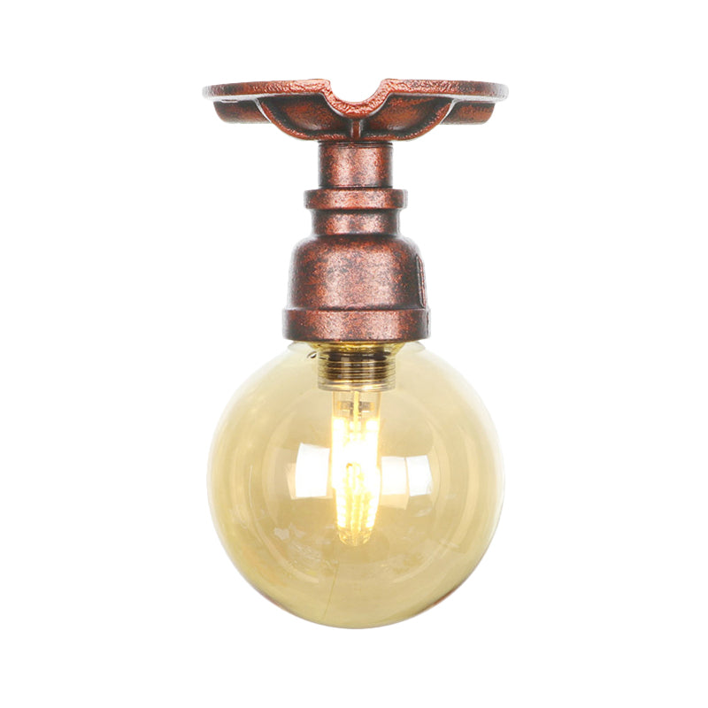 Copper Finish 1 Light Semi Flush Mount Vintage Amber Glass Orb Flush Ceiling Lamp Fixture Clearhalo 'Ceiling Lights' 'Close To Ceiling Lights' 'Close to ceiling' 'Glass shade' 'Glass' 'Semi-flushmount' Lighting' 756768