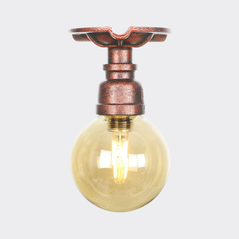 Copper Finish 1 Light Semi Flush Mount Vintage Amber Glass Orb Flush Ceiling Lamp Fixture Clearhalo 'Ceiling Lights' 'Close To Ceiling Lights' 'Close to ceiling' 'Glass shade' 'Glass' 'Semi-flushmount' Lighting' 756769