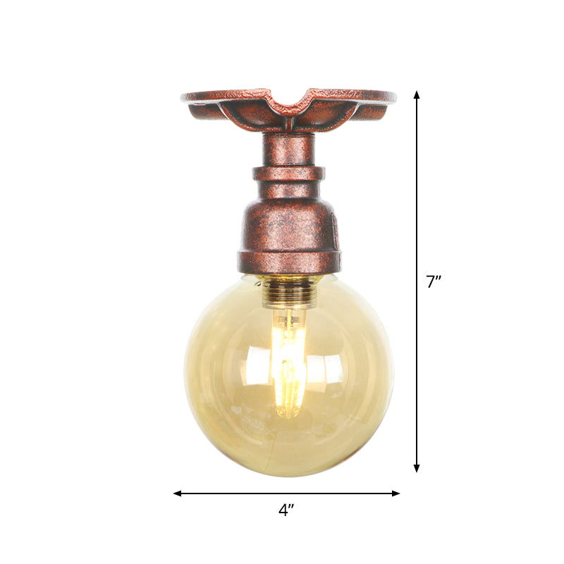 Copper Finish 1 Light Semi Flush Mount Vintage Amber Glass Orb Flush Ceiling Lamp Fixture Clearhalo 'Ceiling Lights' 'Close To Ceiling Lights' 'Close to ceiling' 'Glass shade' 'Glass' 'Semi-flushmount' Lighting' 756770