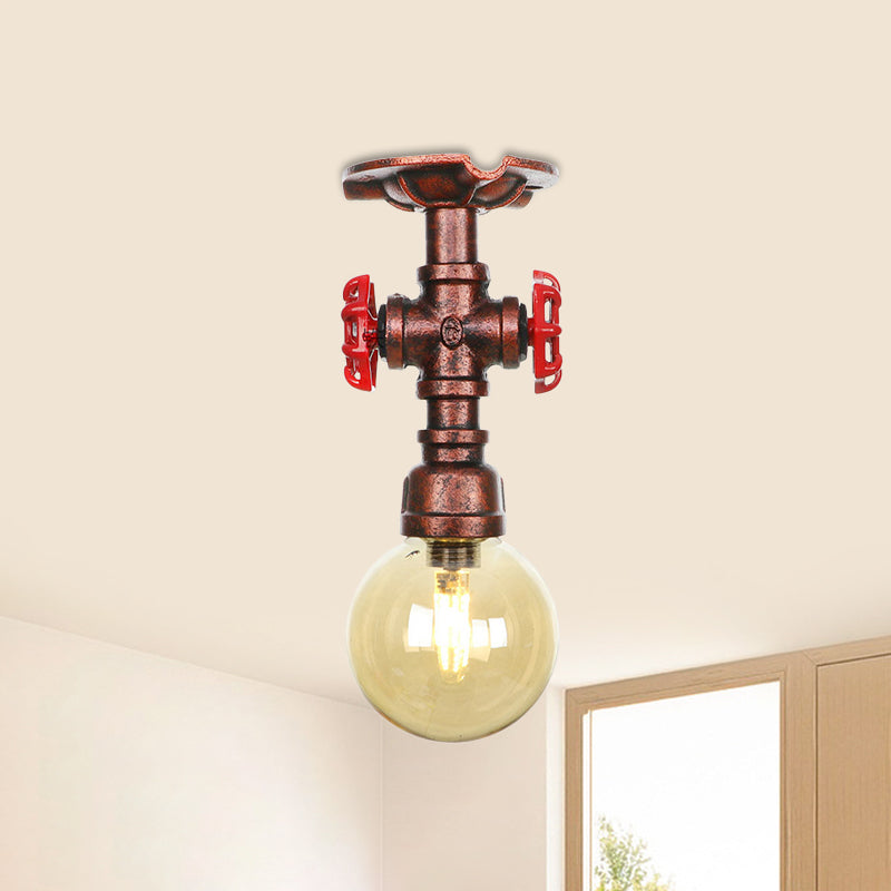 Copper Finish 1 Light Semi Flush Mount Vintage Amber Glass Orb Flush Ceiling Lamp Fixture Clearhalo 'Ceiling Lights' 'Close To Ceiling Lights' 'Close to ceiling' 'Glass shade' 'Glass' 'Semi-flushmount' Lighting' 756772