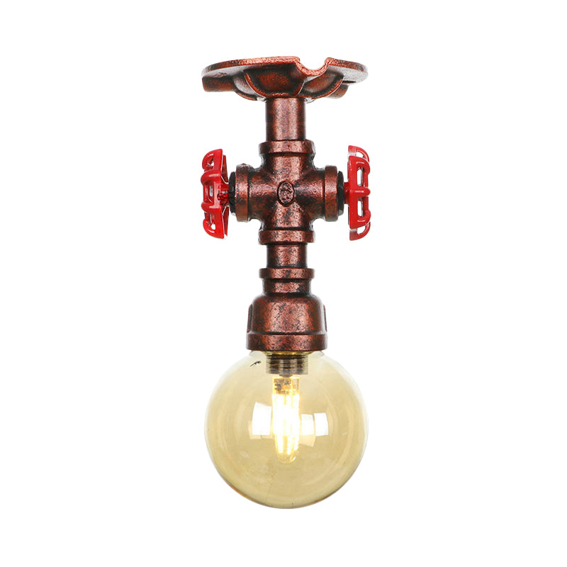 Copper Finish 1 Light Semi Flush Mount Vintage Amber Glass Orb Flush Ceiling Lamp Fixture Clearhalo 'Ceiling Lights' 'Close To Ceiling Lights' 'Close to ceiling' 'Glass shade' 'Glass' 'Semi-flushmount' Lighting' 756773