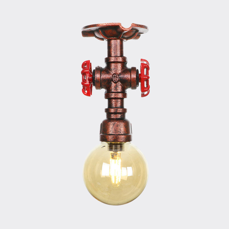 Copper Finish 1 Light Semi Flush Mount Vintage Amber Glass Orb Flush Ceiling Lamp Fixture Clearhalo 'Ceiling Lights' 'Close To Ceiling Lights' 'Close to ceiling' 'Glass shade' 'Glass' 'Semi-flushmount' Lighting' 756774