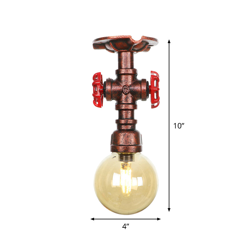 Copper Finish 1 Light Semi Flush Mount Vintage Amber Glass Orb Flush Ceiling Lamp Fixture Clearhalo 'Ceiling Lights' 'Close To Ceiling Lights' 'Close to ceiling' 'Glass shade' 'Glass' 'Semi-flushmount' Lighting' 756775