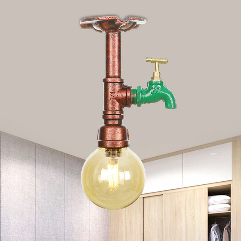 Copper Finish 1 Light Semi Flush Mount Vintage Amber Glass Orb Flush Ceiling Lamp Fixture Copper D Clearhalo 'Ceiling Lights' 'Close To Ceiling Lights' 'Close to ceiling' 'Glass shade' 'Glass' 'Semi-flushmount' Lighting' 756776