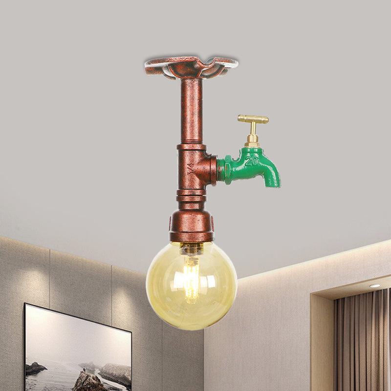 Copper Finish 1 Light Semi Flush Mount Vintage Amber Glass Orb Flush Ceiling Lamp Fixture Clearhalo 'Ceiling Lights' 'Close To Ceiling Lights' 'Close to ceiling' 'Glass shade' 'Glass' 'Semi-flushmount' Lighting' 756777