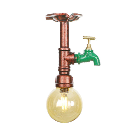 Copper Finish 1 Light Semi Flush Mount Vintage Amber Glass Orb Flush Ceiling Lamp Fixture Clearhalo 'Ceiling Lights' 'Close To Ceiling Lights' 'Close to ceiling' 'Glass shade' 'Glass' 'Semi-flushmount' Lighting' 756778