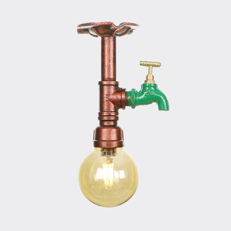 Copper Finish 1 Light Semi Flush Mount Vintage Amber Glass Orb Flush Ceiling Lamp Fixture Clearhalo 'Ceiling Lights' 'Close To Ceiling Lights' 'Close to ceiling' 'Glass shade' 'Glass' 'Semi-flushmount' Lighting' 756779