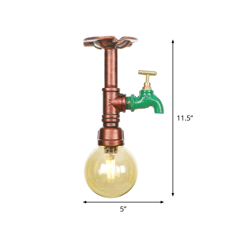 Copper Finish 1 Light Semi Flush Mount Vintage Amber Glass Orb Flush Ceiling Lamp Fixture Clearhalo 'Ceiling Lights' 'Close To Ceiling Lights' 'Close to ceiling' 'Glass shade' 'Glass' 'Semi-flushmount' Lighting' 756780