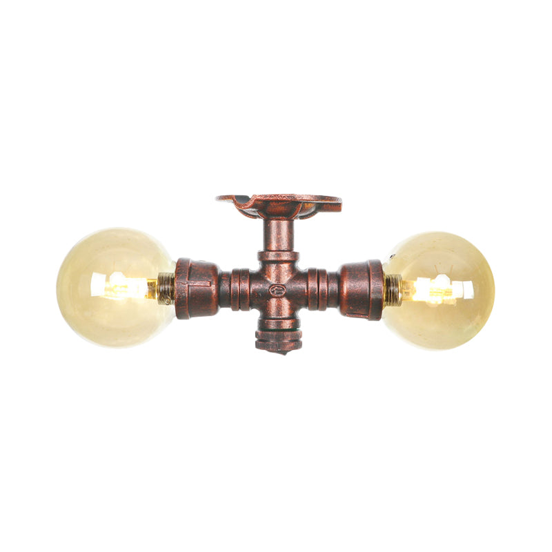 Amber Glass Copper Flushmount Light Ball 2 Heads Farmhouse LED Semi Flush Ceiling Fixture Clearhalo 'Ceiling Lights' 'Close To Ceiling Lights' 'Close to ceiling' 'Glass shade' 'Glass' 'Semi-flushmount' Lighting' 756782