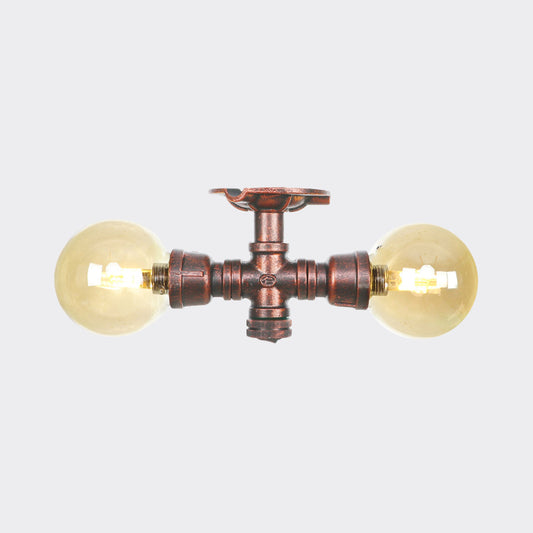 Amber Glass Copper Flushmount Light Ball 2 Heads Farmhouse LED Semi Flush Ceiling Fixture Clearhalo 'Ceiling Lights' 'Close To Ceiling Lights' 'Close to ceiling' 'Glass shade' 'Glass' 'Semi-flushmount' Lighting' 756783