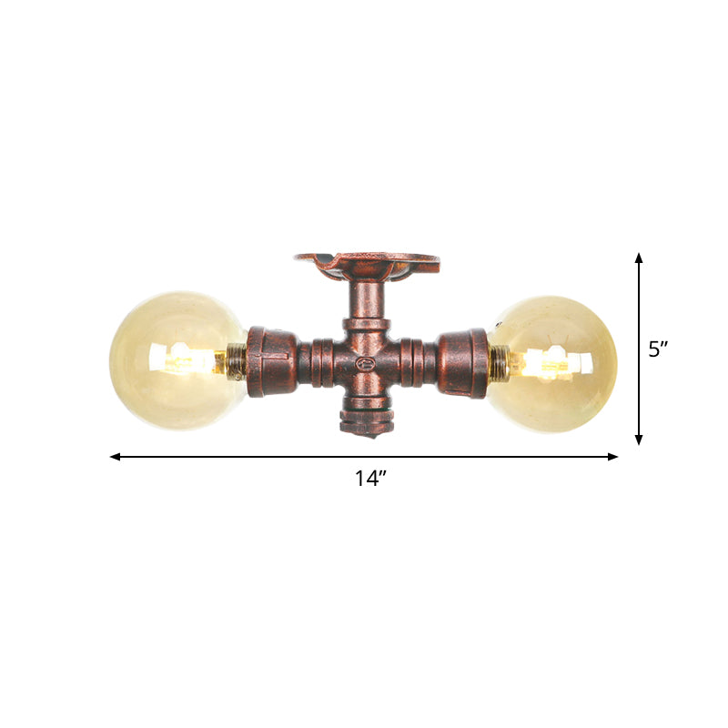 Amber Glass Copper Flushmount Light Ball 2 Heads Farmhouse LED Semi Flush Ceiling Fixture Clearhalo 'Ceiling Lights' 'Close To Ceiling Lights' 'Close to ceiling' 'Glass shade' 'Glass' 'Semi-flushmount' Lighting' 756784